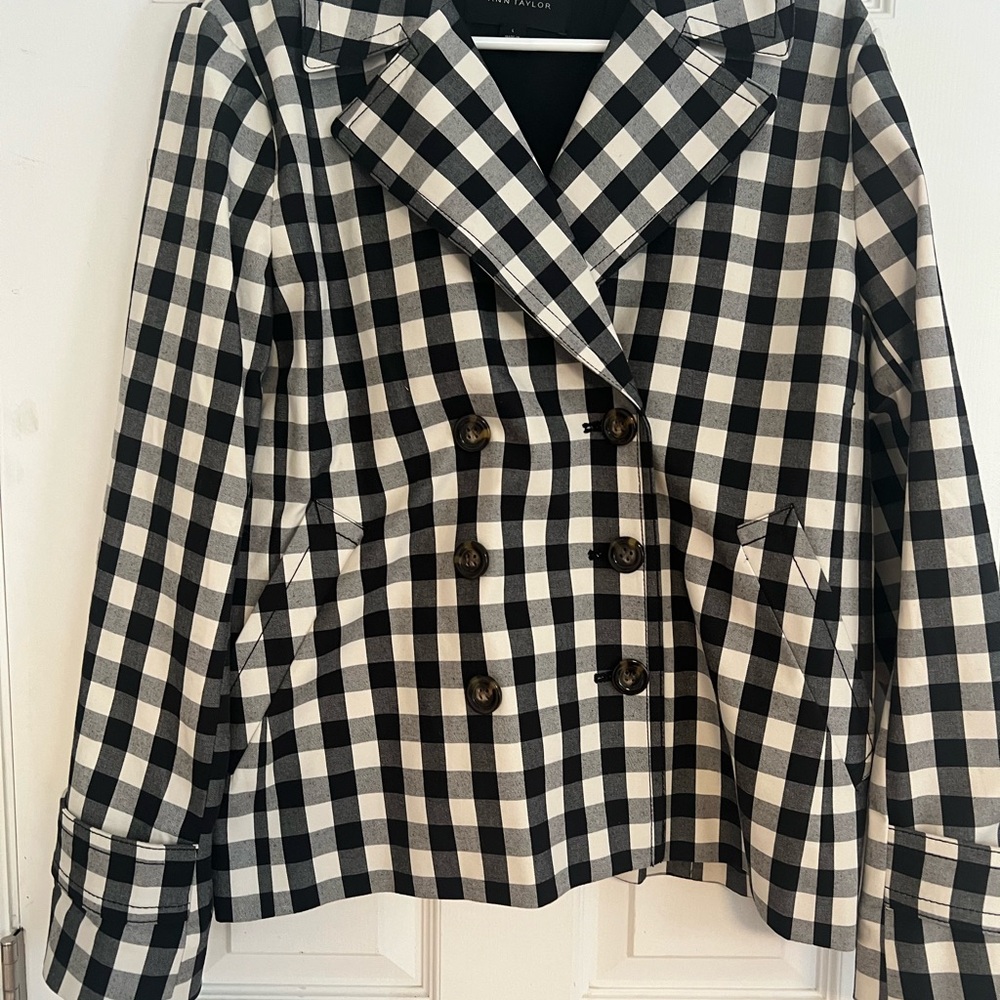 Ann Taylor Black and White Checkered Pea Coat